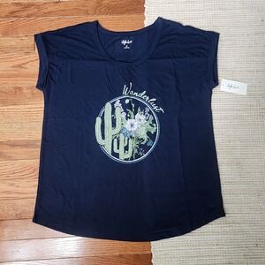 Style & Co‎ Sleeveless Tee M Blue Graphic Crew Neck Floral Western Ranch Boho